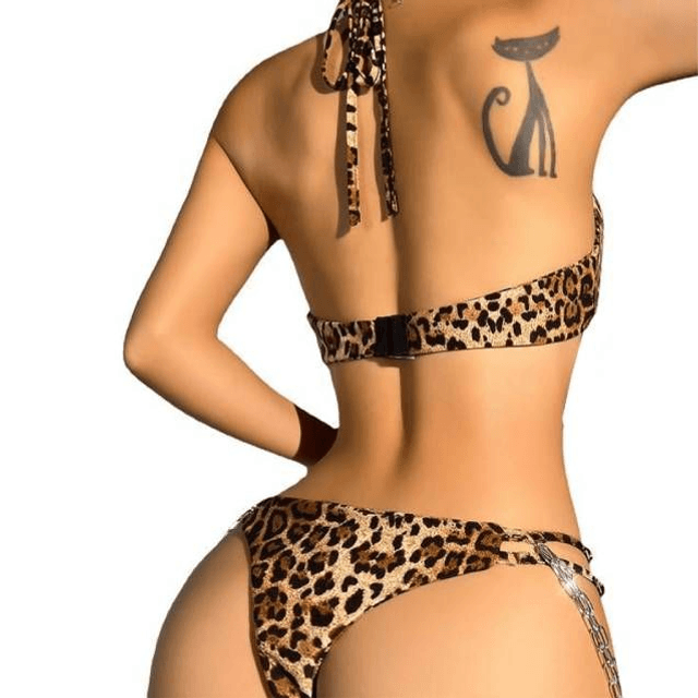 Conjunto Lingerie Estampa de Onça e Correntes